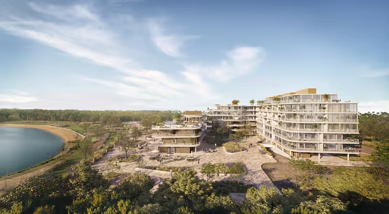 La vista de como quedará AORA Puertos con dos edificios que combinan viviendas residenciales, locales comerciales y oficinas